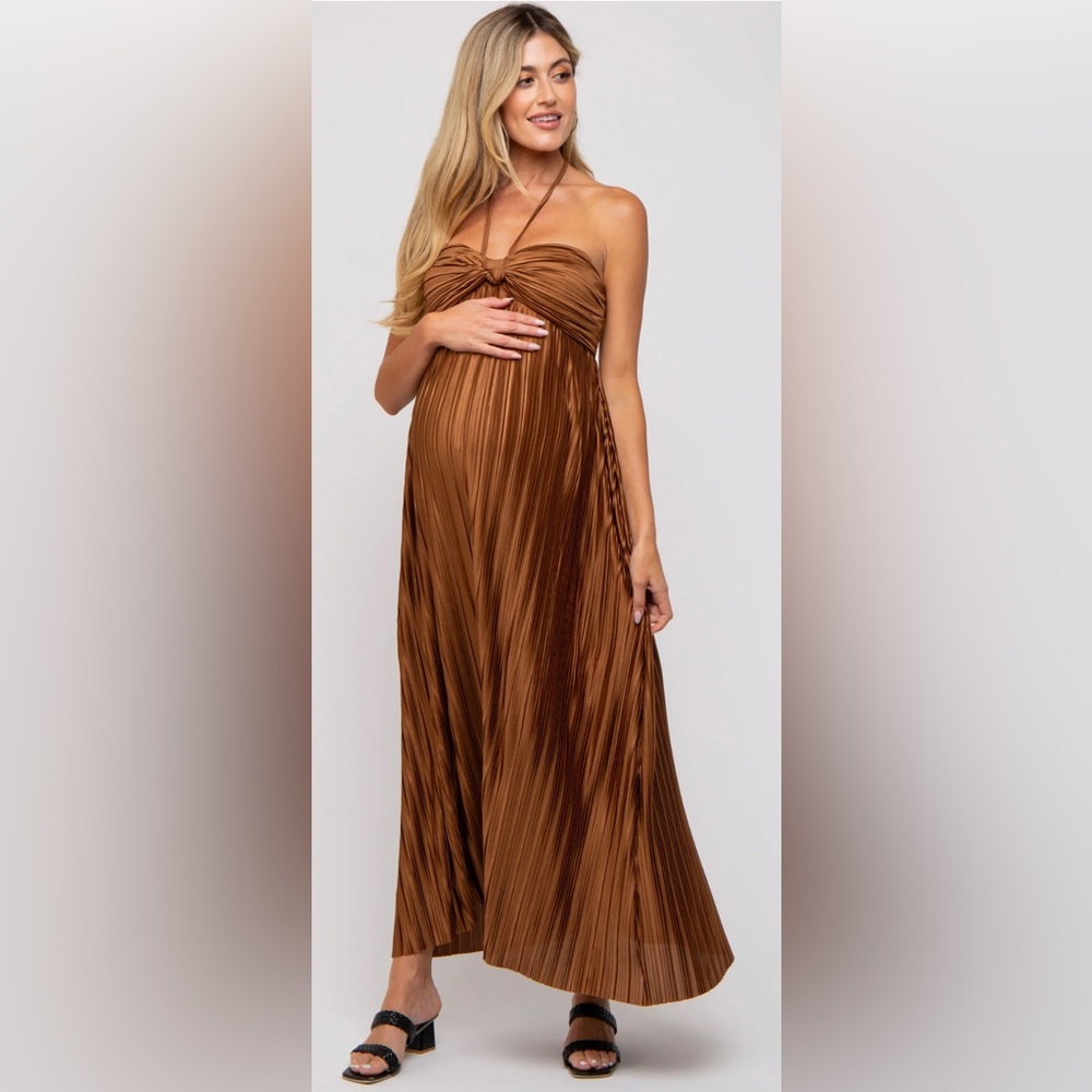 Brown Pleated Satin Halter Maternity Dress